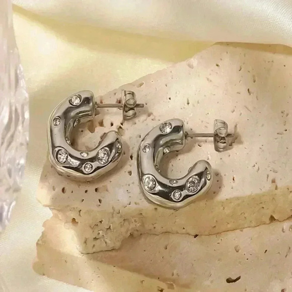 Stainless Steel Cubic Zirconia Decor Cuff Hoop Earrings F - Picture 2 of 4